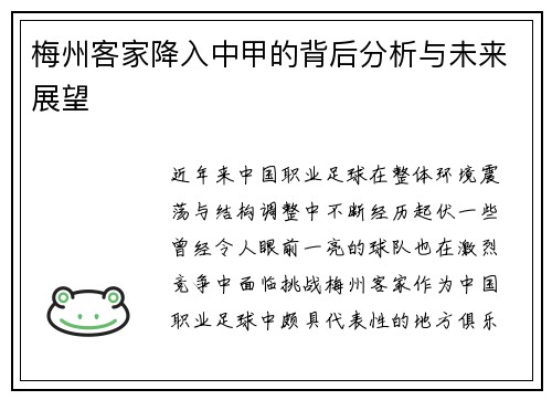 梅州客家降入中甲的背后分析与未来展望